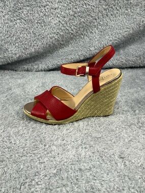 Cole Haan Women Wedge Heel Sandal Red Leather Upper Espadrille Shoes Size 9.5 B
